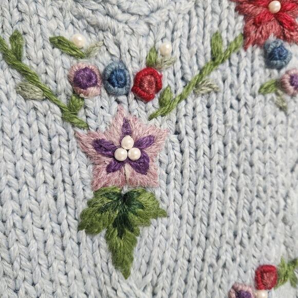 Vtg Bobbie Brooks Hand Knit Embroidered Sweater Womens Medium Cottagecore Floral - Picture 5 of 16